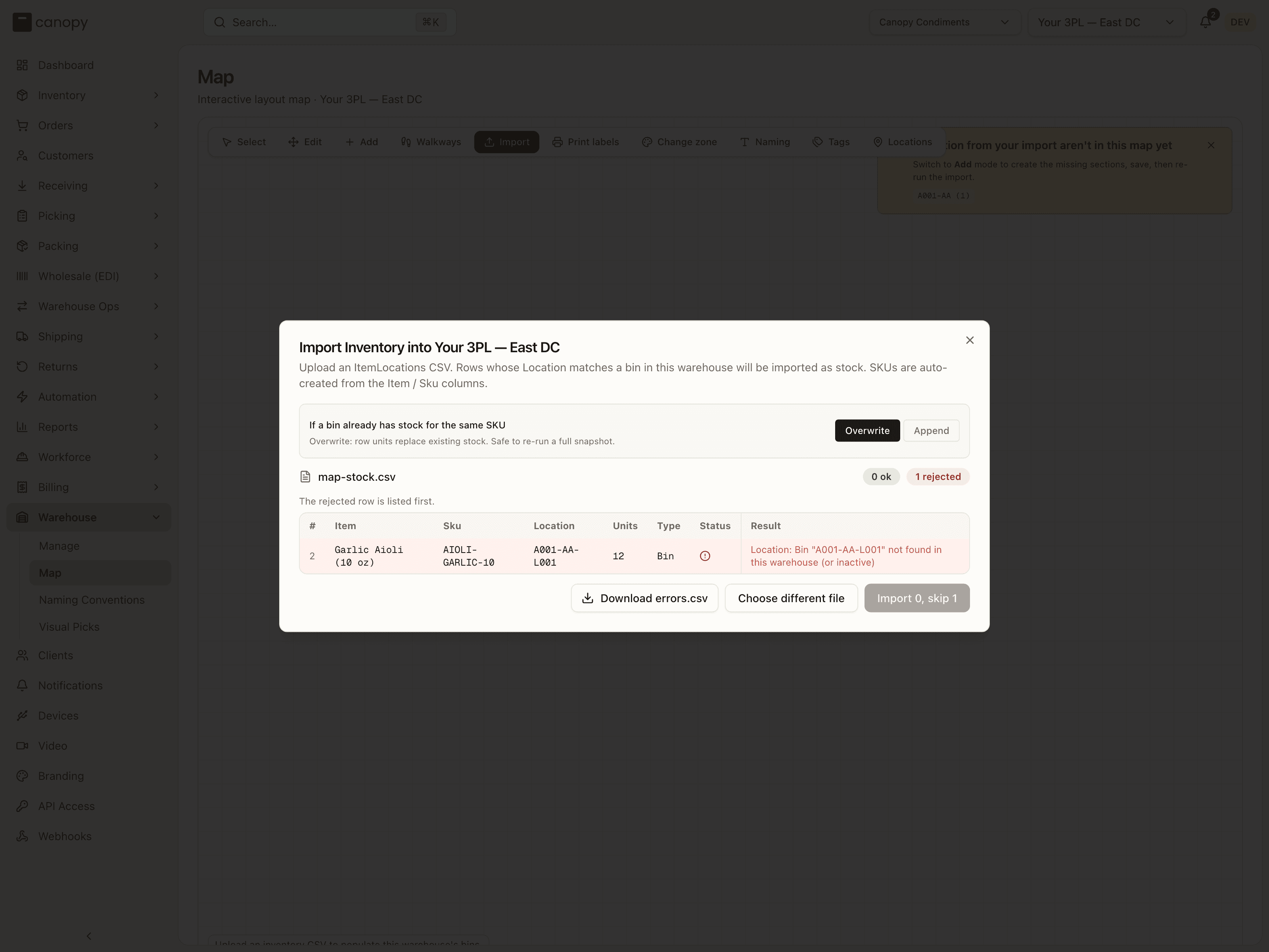 Import Inventory into the warehouse after a file is chosen: the Overwrite / Append choice above the preview, one row rejected because the bin is not in this warehouse, and the map's banner naming that location